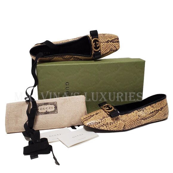 GUCCI SHOES PYTHON BALLET FLATS w LOGO BOW RIBBON ANKLE TIES $1,059 sz 39.5 9.5 - Picture 6 of 16
